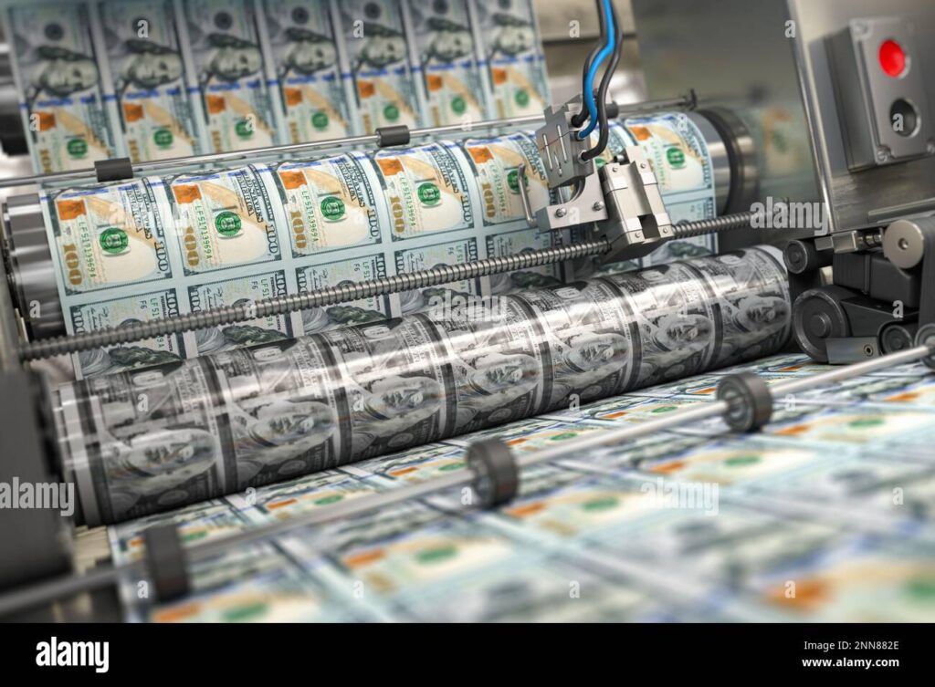 impression-de-billets-d-argent-sur-une-machine-a-imprimer-en-typographie-finance-impot-marche-boursier-et-investissement-faire-de-l-argent-concept-3d-illustration-2nn882e
